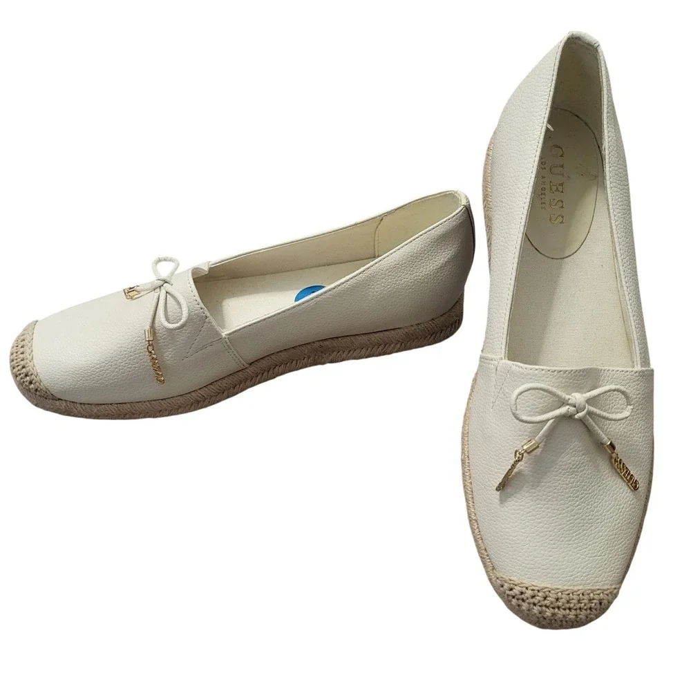 Guess Los Angeles Womens White Pebbled Espadrille Flats Bow Gold Logo Size 10